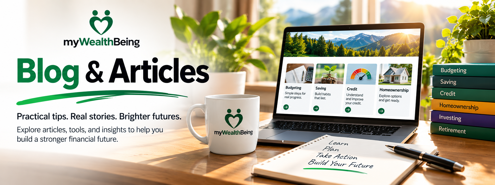 myWealthBeing Blog & Articles banner featuring a laptop, financial education resources, and topics including budgeting, saving, credit, homeownership, investing, and retirement. The image reflects myWealthBeing's mission to empower individuals and families through practical financial education.